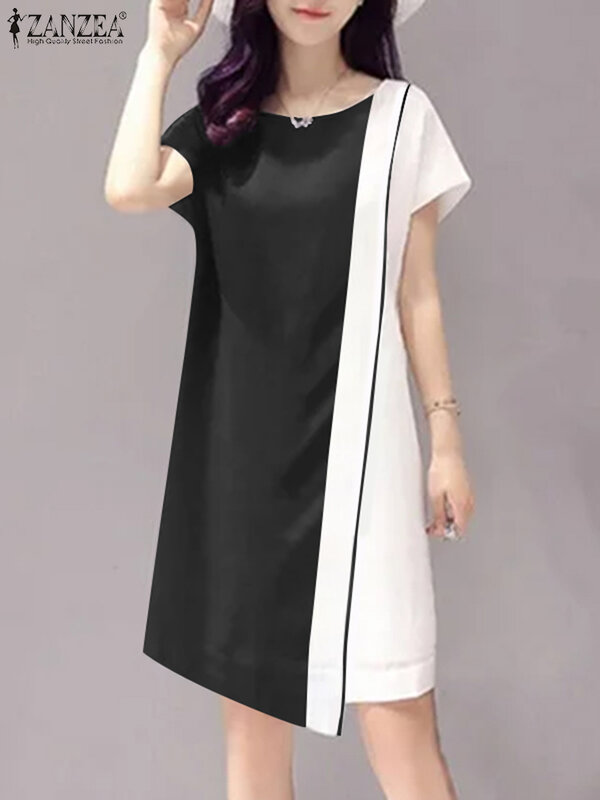 ZANZEA-Mini vestido assimétrico monocromático de manga curta feminino, vestido de verão casual, veste de costura vintage, colorblock, moda verão