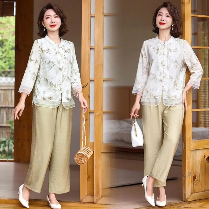 Traje de estilo chino Retro para mujer, Top de malla de media manga, cintura elástica, estampado Floral, elegante, cuello alto