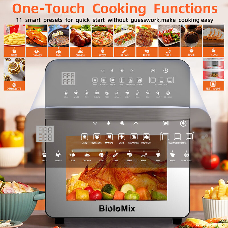 BioloMix 15L Air Fryer 1700W Dual Heating Toaster Rotisserie and Dehydrator 11-in-1 Countertop Stainless Steel Oven