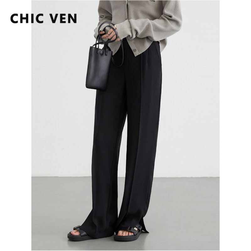 CHIC VEN-pantalones holgados de cintura alta para mujer, Pantalón recto de pierna ancha, color negro y liso, primavera y verano, 2024