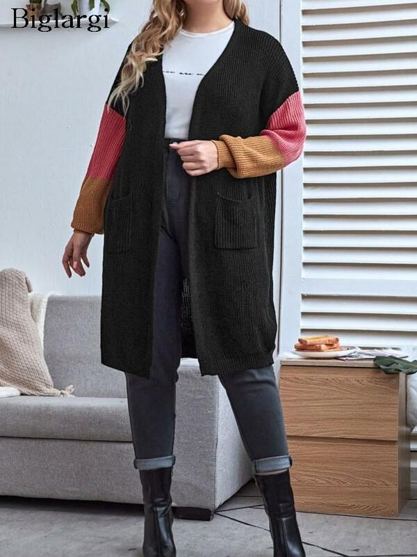 Plus Size autunno inverno Midi Cardigan lavorato a maglia donna colore Patchwork moda donna Cardigan Casual donna maglione cappotti 2023