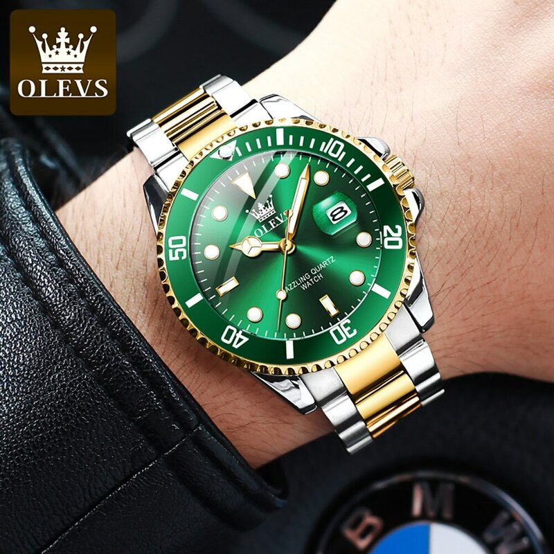 Olevs top original herren quarz uhr grün wasserdichte uhr für männer edelstahl quarz herren luxus uhr leuchtende armbanduhr