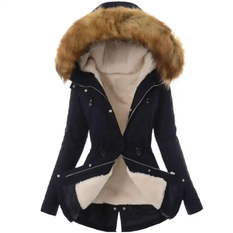 Chaqueta de plumón de algodón con capucha de piel sintética para mujer, abrigo largo informal, ropa de abrigo cálida para invierno