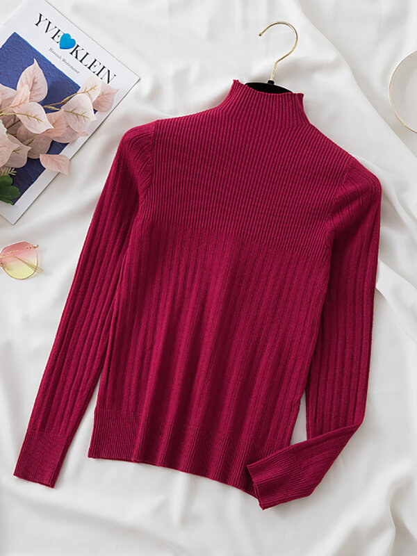 Nowy 2024 damski sweter z golfem jesienny długi rękaw wąski elastyczny koreański prosty prosty tani sweter Top w jednolitym kolorze
