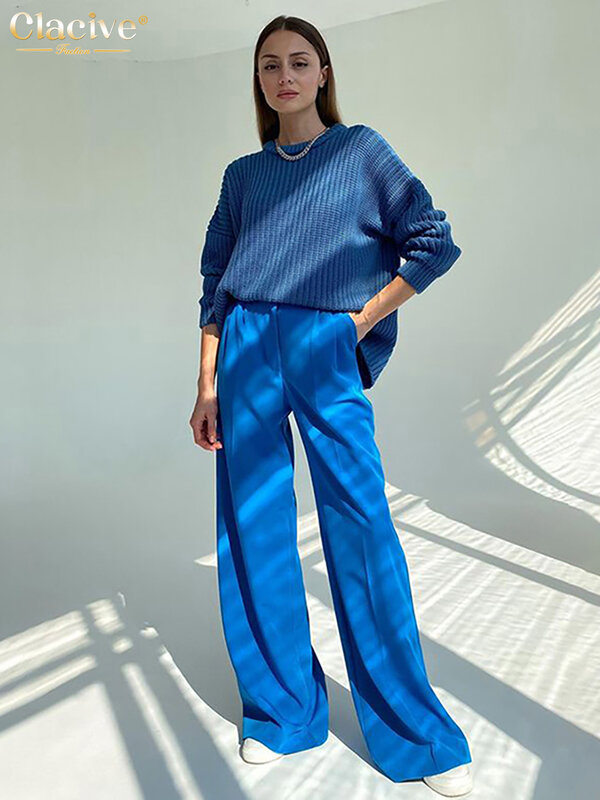 ClacMarkets-Pantalon de bureau bleu pour femme, pantalon large taille haute, pleine longueur, mode pour femme, fjCasual, 2021