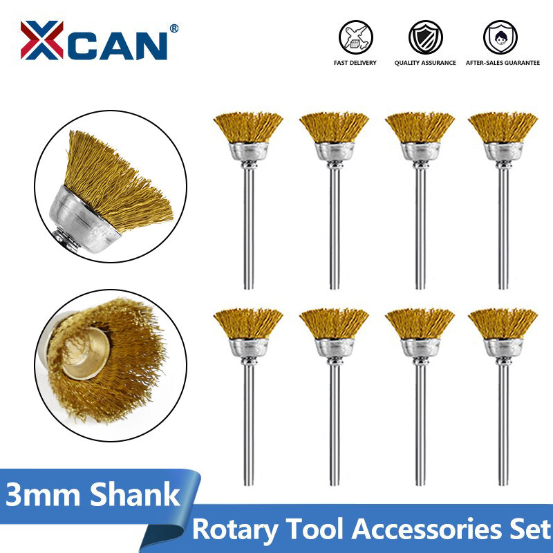 XCAN-herramienta abrasiva de cepillo de rueda de pulido, cepillo de alambre de latón de vástago de 3,0mm para herramienta rotativa Dremel, herramienta de pulido de Metal 10/20 piezas