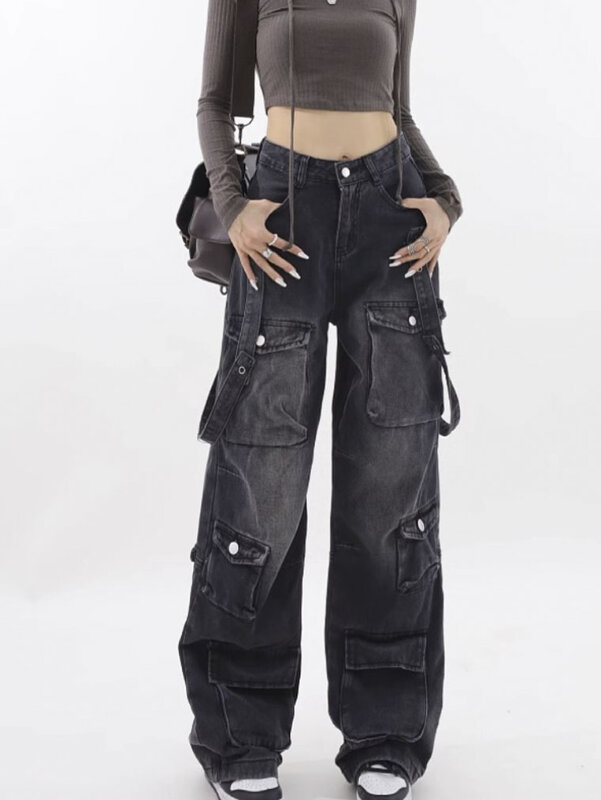 American Vintage High-waisted Cargo Jeans Y2K Fashion Wash Wide-leg Streetwear Loose Jeans Women