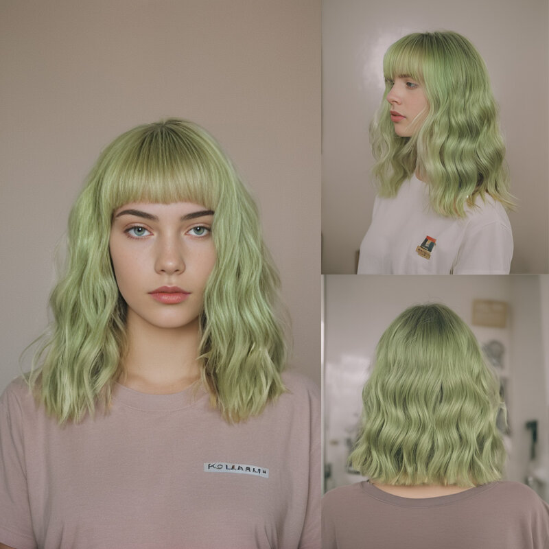 SNQP-شعر مستعار قصير أخضر مع دقات للنساء ، شعر مجعد ، شعر أنيق ، تأثيري يومي ، حفلة ، مقاومة للحرارة ، طبيعية ، عصرية ، جديدة