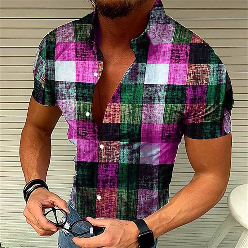 Men's retro plaid short sleeved flip collar printed shirt for street leisure and high-quality vacation designer clothing