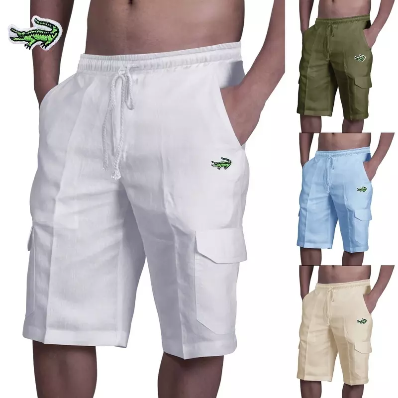 High End Embroidered Cotton Linen Casual Shorts, Summer Men's Multi Pocket Sports Fashion Elastic Waist Breathable Beach Shorts