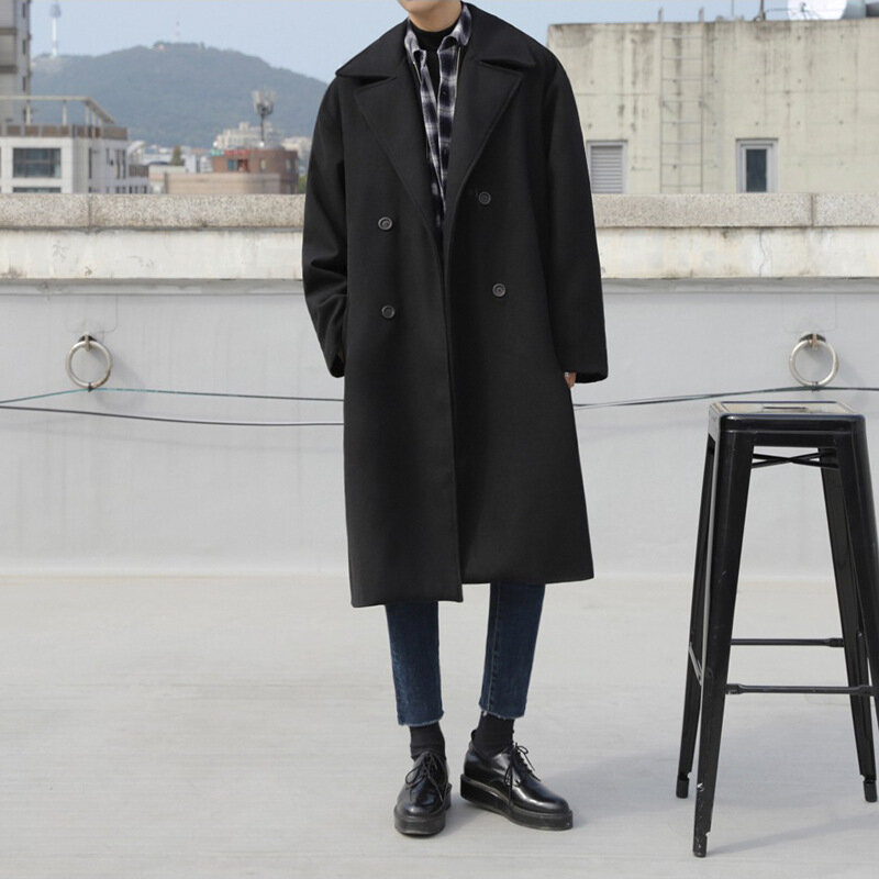 Mantel wol panjang versi Korea pria, mantel wol tebal longgar dan kasual tampan hitam kerah.