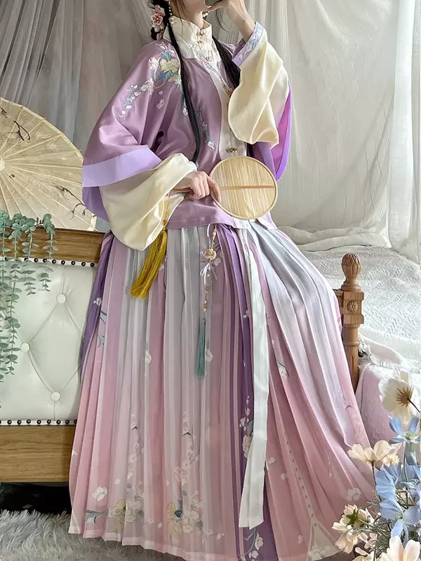 2024 Original Ming Dynasty Women Chinese Style HanFu Han Fu Square Neck System Half Sleeve Printed Skirt  Fairy Dress