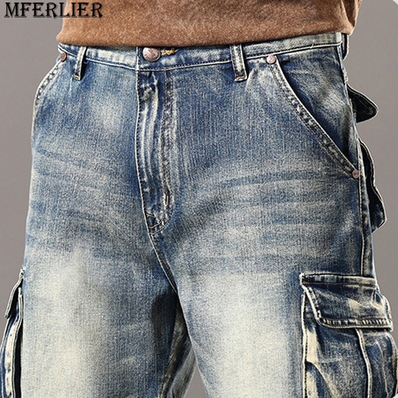 Celana pendek Denim Vintage pria, Jeans musim panas ukuran besar Plus Szie 44 kargo mode Streetwear