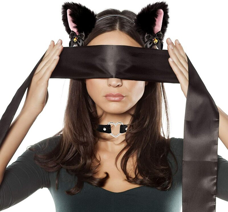 2Pcs Black Cat Ear Headband with Bell Heart Chocker Necklace Girl Plush Furry Cat Ear Hair Band Women Girls Cosplay Party Dress