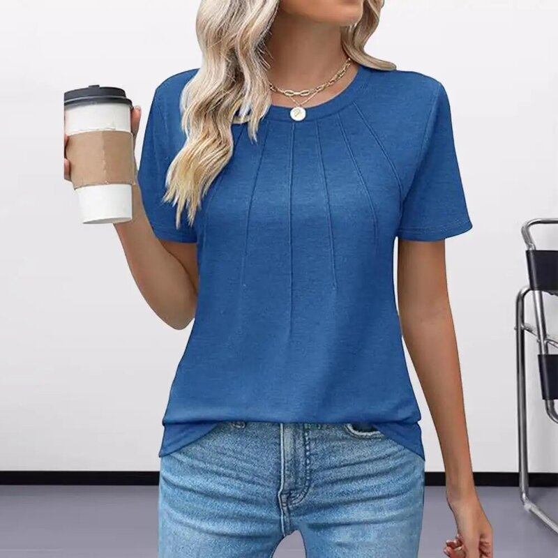 Damen Rundhals-T-Shirt elastischer Stoff T-Shirt stilvolle Damen Plissee Sommer Tops O-Ausschnitt Kurzarm T-Shirts lockere Passform zum Tragen