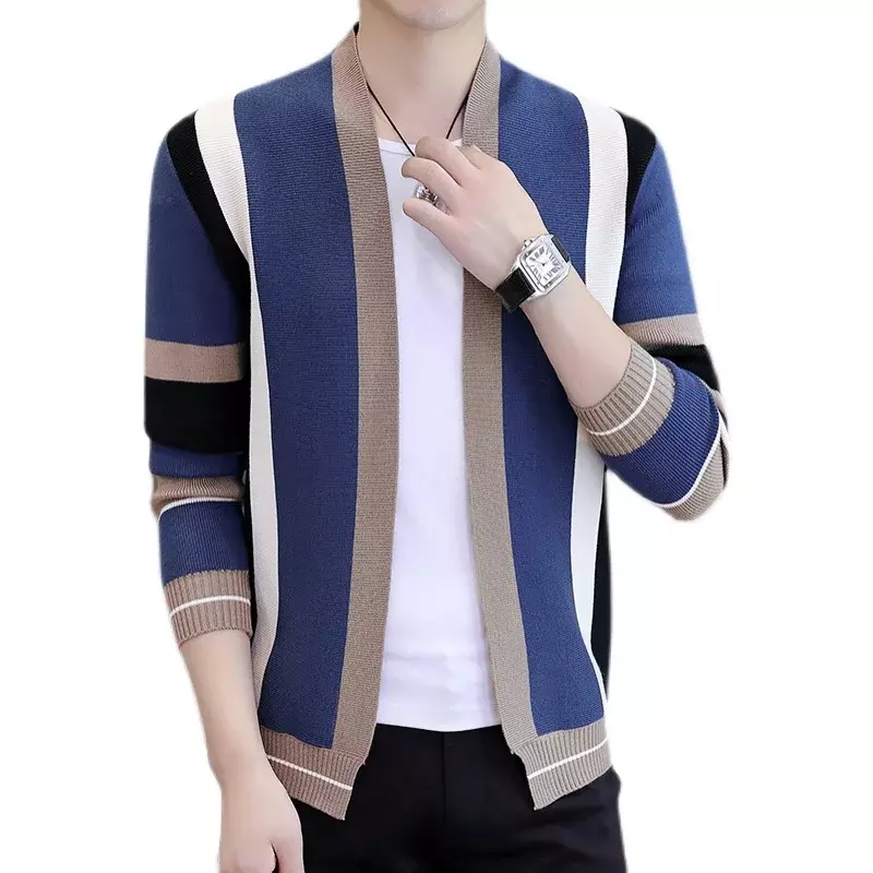 Wiosenny jesienny sweter męski sweter w paski z długim rękawem dzianinowe swetry modny wąski w stylu Fit Streetwear dzianinowa kurtka płaszcz męski