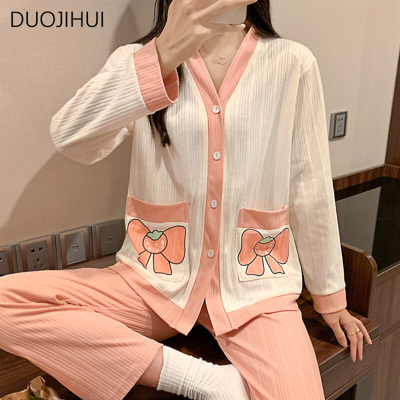 DUOJIHUI-Pijama casual solto para mulheres, pijamas de duas peças, decote em v, cardigan doce, calça simples básica, moda em casa, outono, feminino