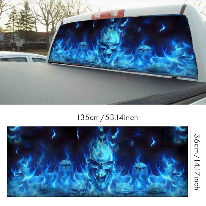 One Way Vision for Truck Suv Pickup Blue Flaming Skull 3D Rear Windshield Decal Sticker Decor Rear Window Glass Poster
