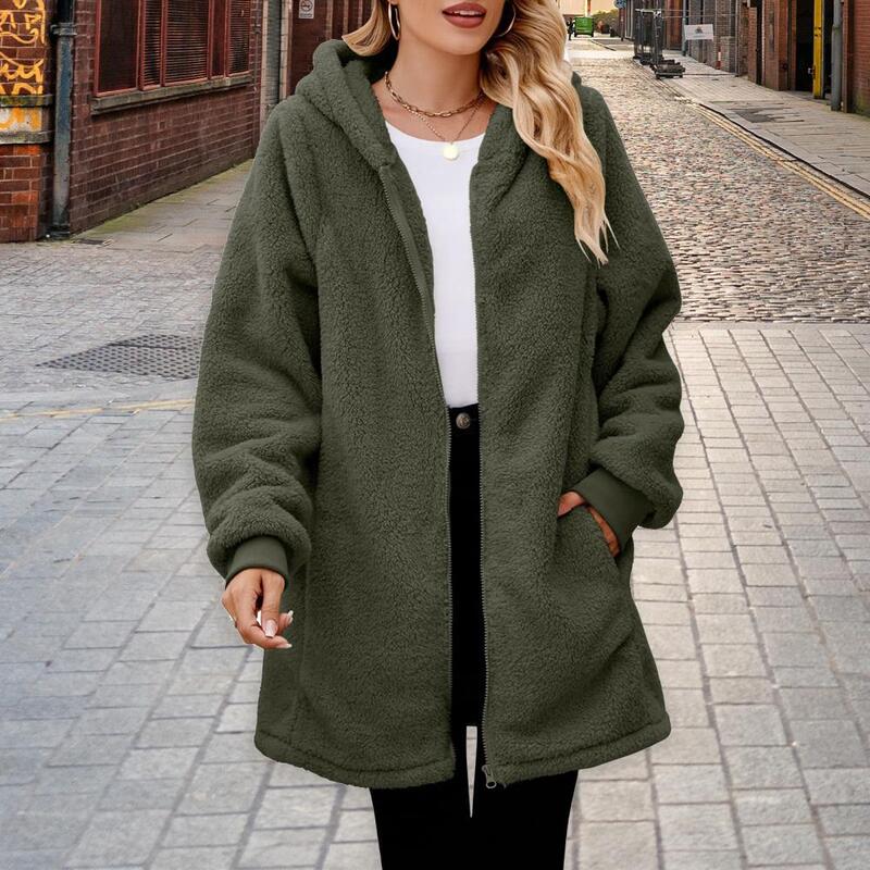 Plush Hooded Coat Cozy Hooded Women's Winter Coat with Plush Lining Zipper Closure Warm Mid-length Cardigan Jacket with for Fall