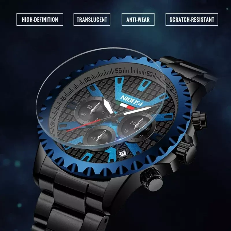 NIBOSI jam tangan kronograf pria, arloji olahraga Stainless Steel Quartz 2024 untuk lelaki