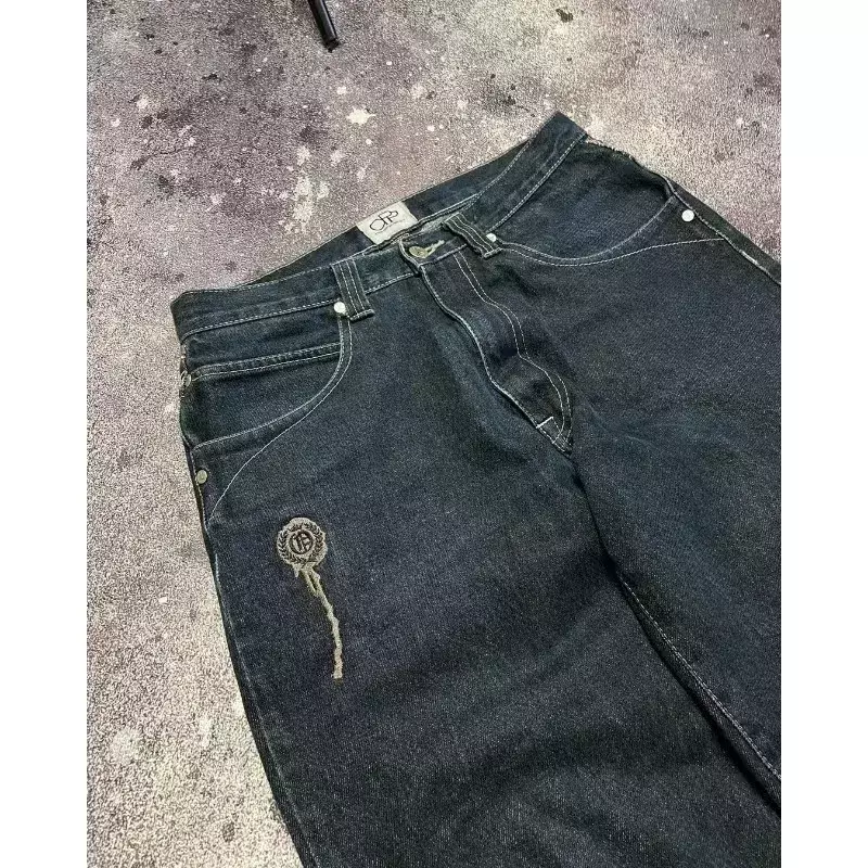 Y2K jeans bordir jalanan tinggi retro, CELANA Jin tengkorak baru celana lurus hip hop kaki lebar pinggang tinggi dicuci
