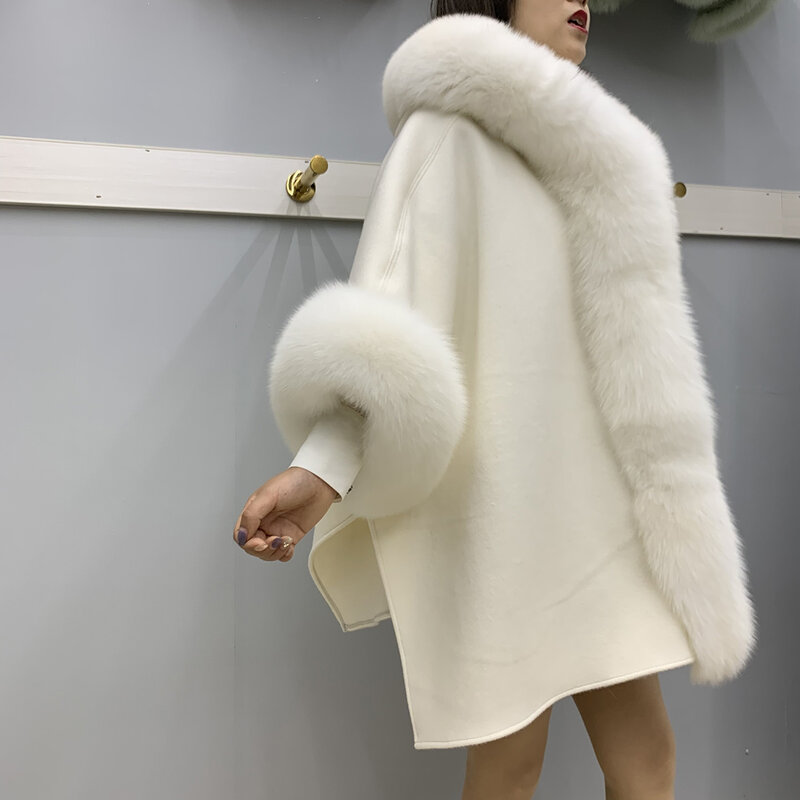 Cape de téléphone tricotée épaisse 100% laine pour femme, manteau Long et chaud avec col moelleux et vraie fourrure de renard