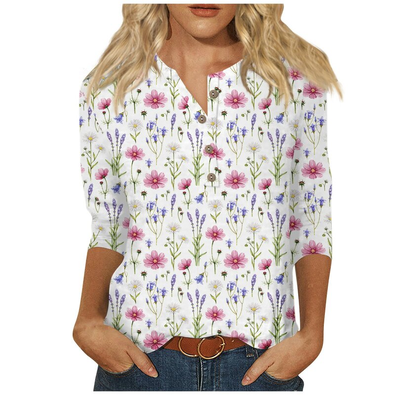 T-Shirt Elegant Fashion Plant Printed Women Blouse Shirt V-Neck Button Summer 3/4 Sleeves Women Shirts Graphic Футболка Женская