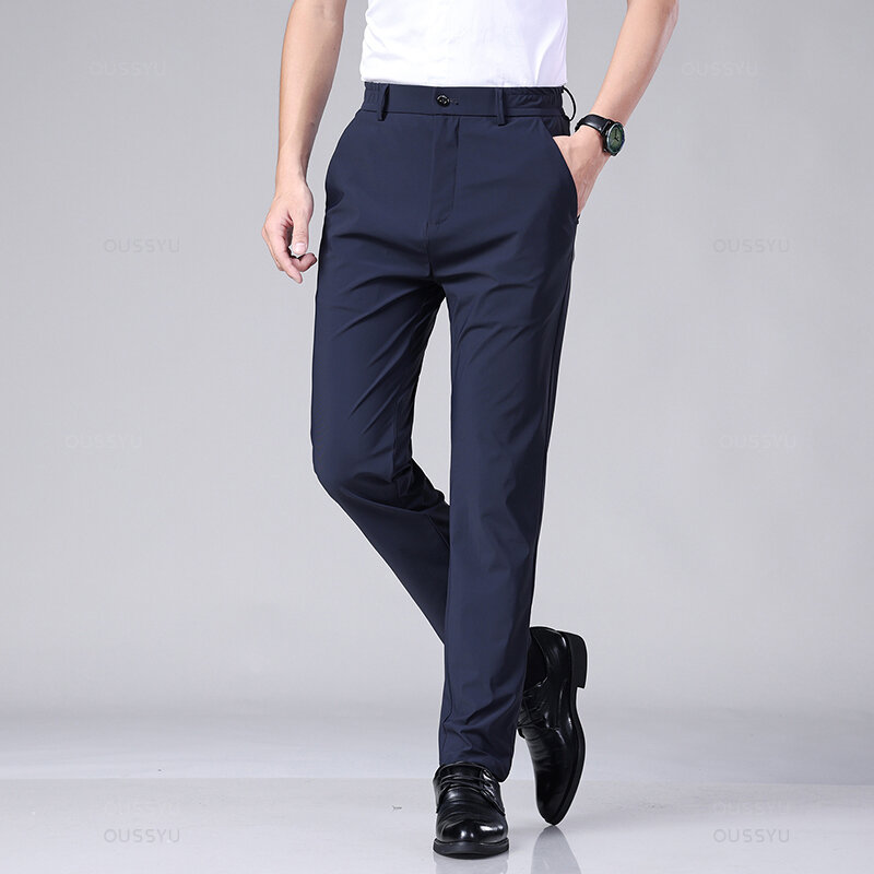Calça casual stretch slim fit masculina, corredeira elástica na cintura, calça de negócios, coreana, clássica, fina, preta, cinza, primavera, verão
