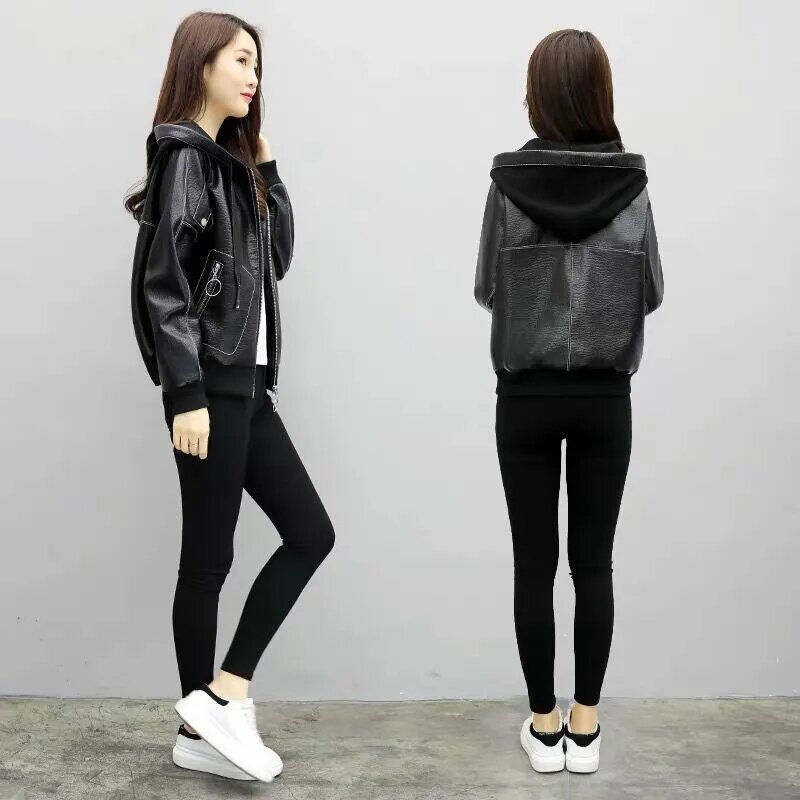 Hooded PU Leather Jacket Women Long Sleeve Loose Black Zipper Jackets Coat 2023 Autumn Winter New