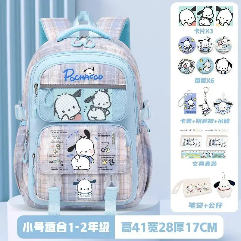 Sanrio Pacha Dog Cartoon Schoolbag para crianças, grande capacidade, estudante ultra-leve, redução de encargos, mochila de joelho
