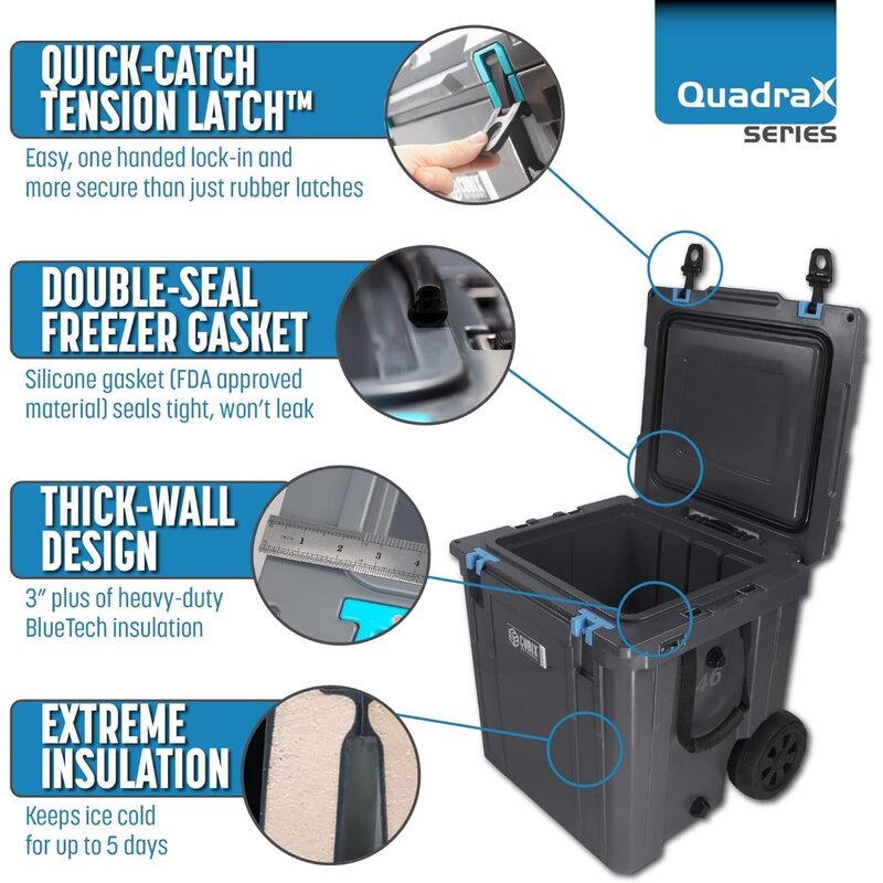 QuadraX-enfriador duro portátil con ruedas para acampar, 46 cuartos, rotomoldeo