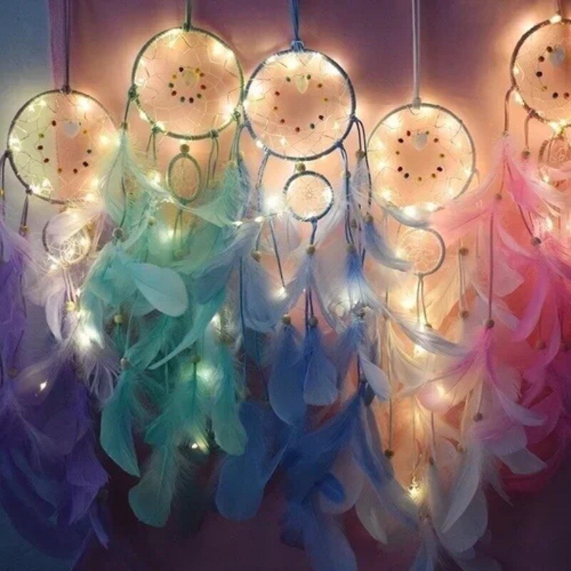 Dream Catcher with Night Light Feathers Bead Night Light Wall Hanging Decoration Handmade Home Kids Room Decor Ornament Gift