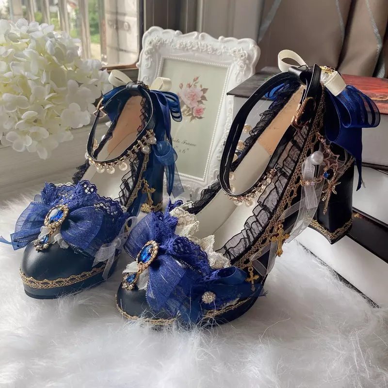 Lolita Zapatos de vestir de boda con flores hechas a mano, fiesta de té, tacones altos gruesos negros de 6cm, zapatos góticos de lujo japoneses Vintage