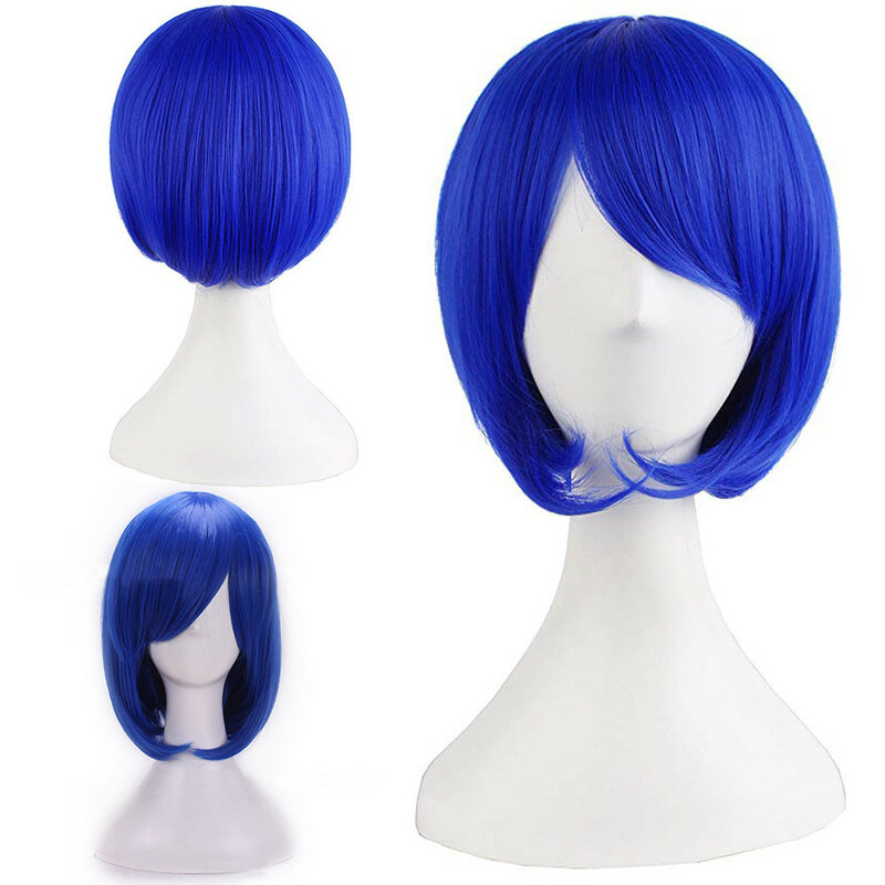 Wig Bob pendek dengan poni Wig sintetis untuk wanita lurus biru laut rambut palsu pembentuk wajah rambut pendek rambut pesta Cosplay