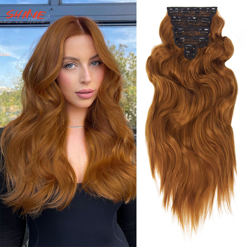 Shine-Extensions de cheveux synthétiques longs ondulés pour femmes, postiche à clipser, fibre haute température, aspect naturel, orange et rouge, 6 pièces