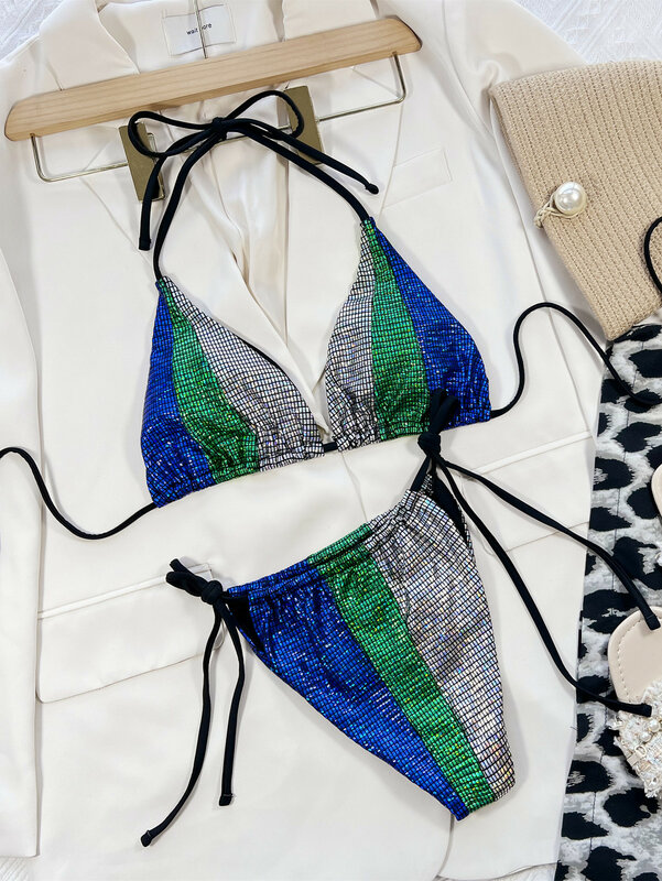 2024 damskie stroje kąpielowe błyszczące seksowne trójkątne stroje kąpielowe Halter Bikini zestaw damski dwuczęściowy strój kąpielowy sznurowany brokatowy strój kąpielowy