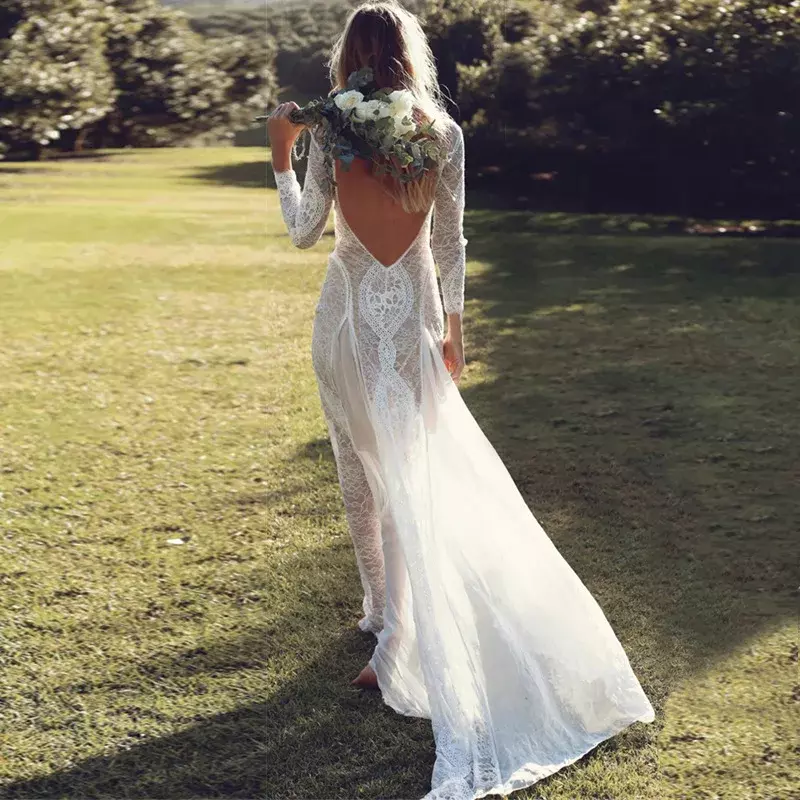 2023 Lace Dress Elegant Long Gowns Romantic O-neck Maxi Backless Dress Evening Club Wedding White Party Women Dress