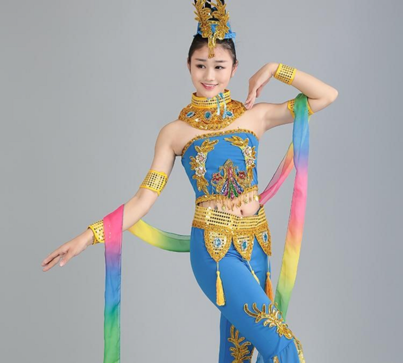 جديد Dunhuang الرقص الطائر أداء زي Pipa الكبار الأطفال الأزرق Hanfu الإناث الصينية الشعبية الرقص ازياء الرقص Dunhuang