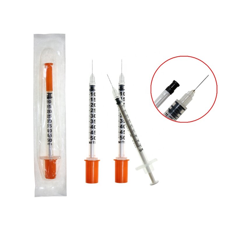 Dispensador líquido plástico estéril 10 pces/20 pces/50 pces/100 pces 1ml da seringa da insulina da segurança descartável tampão alaranjado