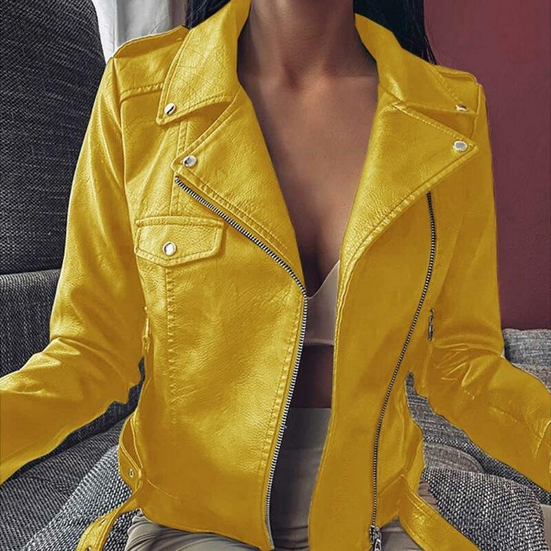 Slim Fit Faux Leather Jacket Motorcycle Clothes Women Short Coat Lapel Collar Solid Color Long Sleeves Zipper Closure Cardigan
