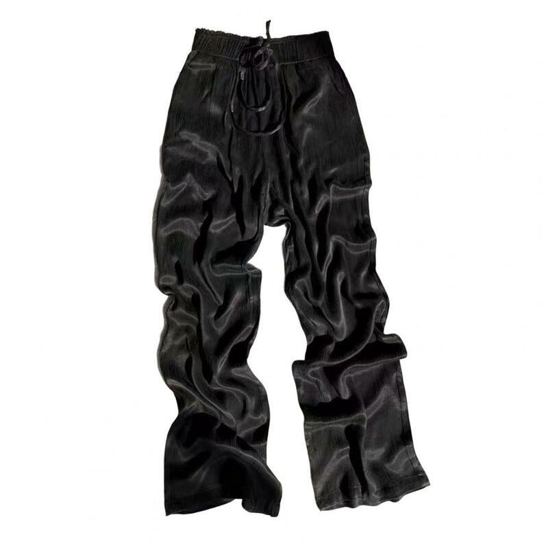Pantalones informales de cintura elástica para mujer, Pantalón liso de seda de hielo, pierna ancha, ropa de calle