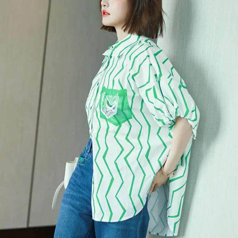 Dames Kleding Wave Cut Print Shirt Pendelen Losse Zomer Mode Single-Breasted Koreaanse Korte Mouw Zakken Gesplitst Blouse