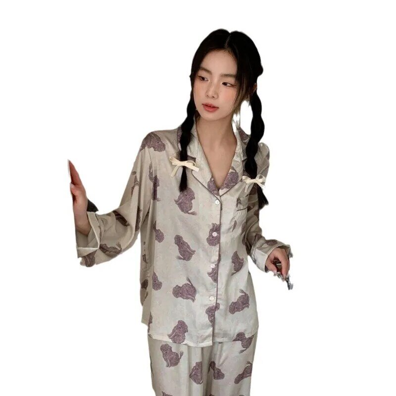 Pijama feminino encaracolado, estilo coreano, doce e preguiçoso dos desenhos animados, seda imitação de pele, estilo fino primavera, casa