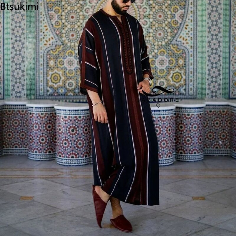 New 2024 Muslim Men Abaya Arabic Islamic Clothing Loose Shirt Robe Jubba Thobe Ethnic Print Saudi Arab Middle East Male Vestidos