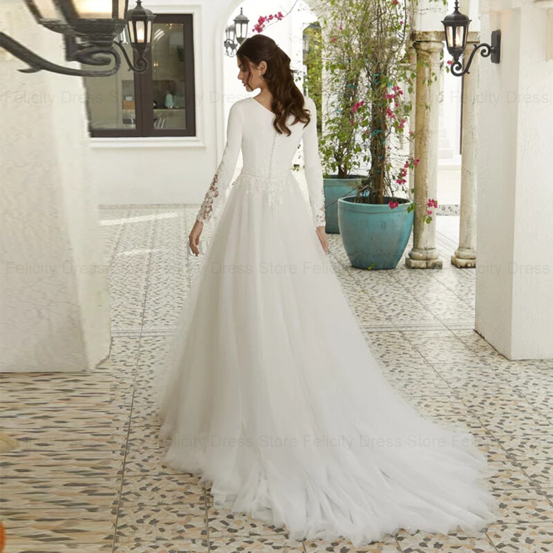 ANGEL-A-Line Lace Applique Vestidos de casamento formais para mulheres, vestidos de noiva com zíper, o-pescoço, tule clássico