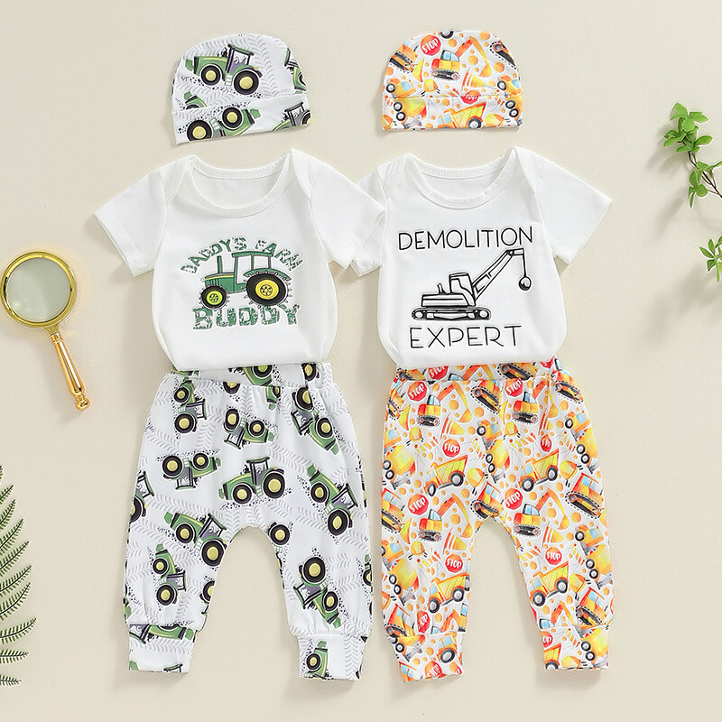 2024-04-26 Lioraitiin Summer Baby Boy Outfit Digger Letter Print Short Sleeves Romper and Elastic Pants Beanies Hat Set Clothes