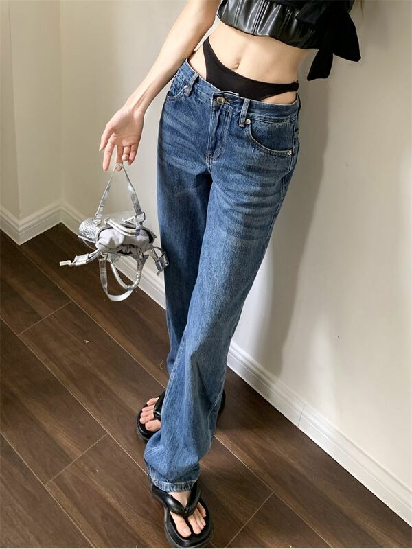 Jeans a vita alta Bikini Splicing Summer Harajuku pantaloni Sexy gamba dritta Slim pantaloni a gamba larga personalità Jeans larghi donna