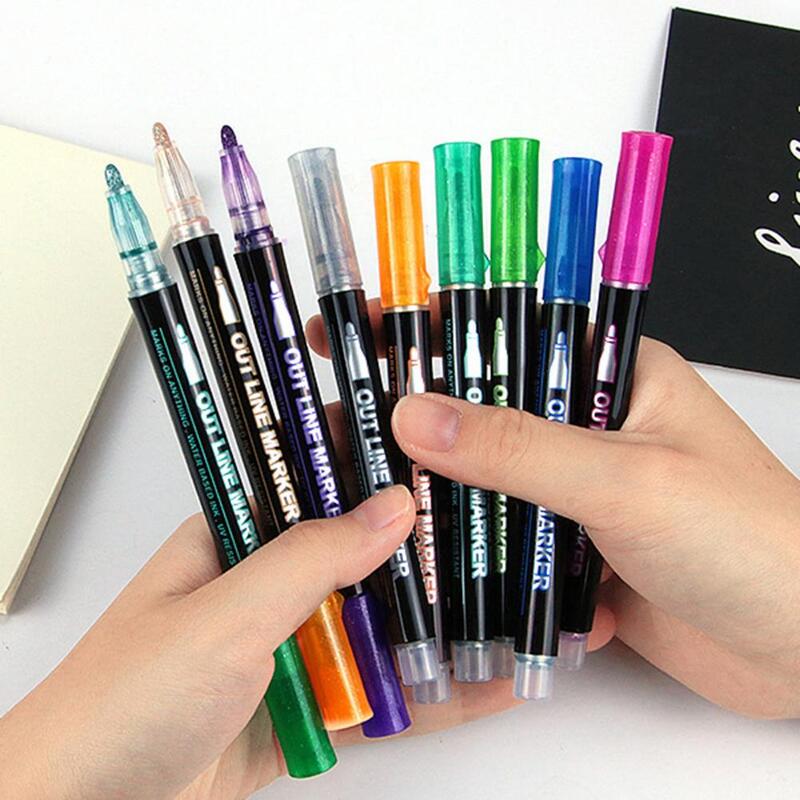 12 buah pena garis ganda Set pena garis penanda warna metalik pena berkilau pena seni DIY pena garis ucapan pena garis besar