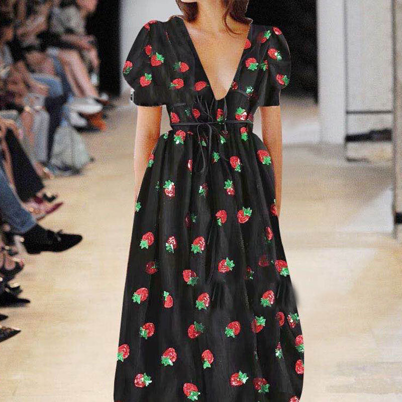 Lange Kleider Französisch Erdbeer V-Ausschnitt Pailletten langen Rock Mesh Riemchen Plissee elegante Damen bekleidung