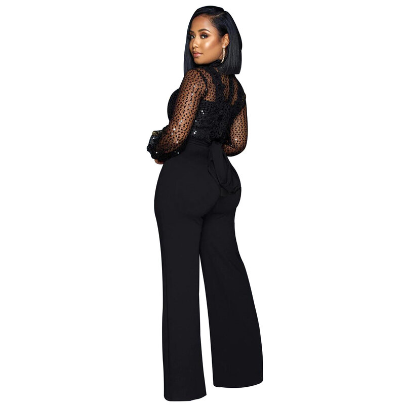 Clothing 2022 Winter Autumn Sequined Mesh Patchwork Long Sleeve High Waisted Round Neck Jumpsuits & Rompers Sexy Party Club